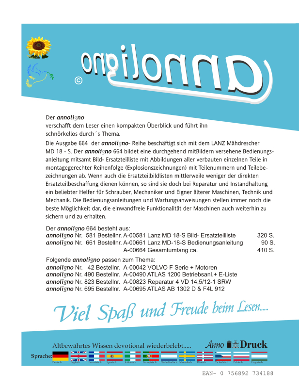 LANZ Mähdrescher Typ MD 18 –S Bild- Bedienungsanleitung & Bild- Ersatzteilliste & Explosionszeichnungen - annoligno 664